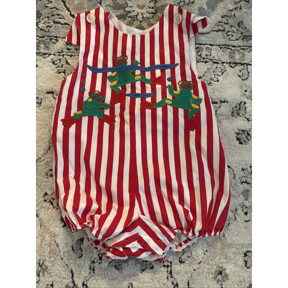 VintageKelly's Kids Red Stripe Frog Romper Cotton - Lined Snap Made In uSA